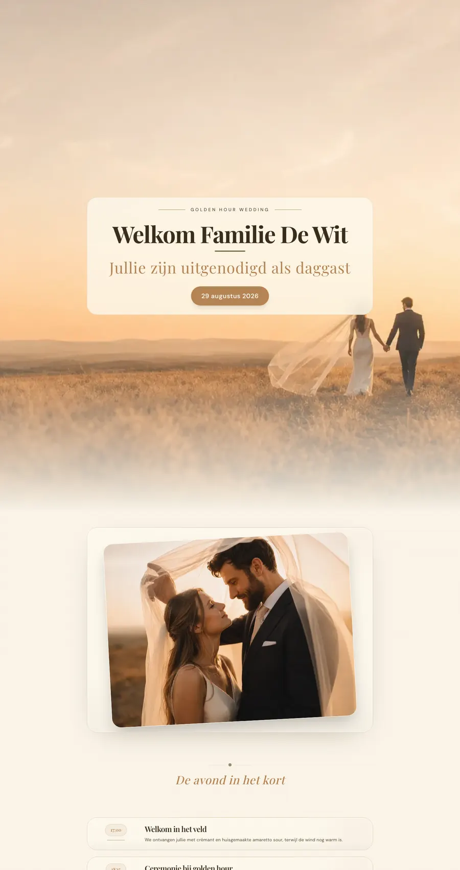 Voorbeeld uitnodigingspagina van Thomas & Anouk — elegante bruiloftstyling.