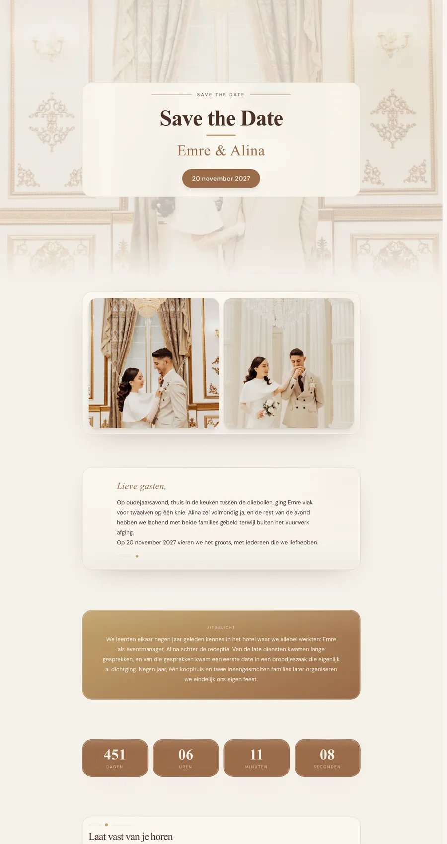 Voorbeeld save-the-date van Emre & Alina, champagne- en goudtinten in een gouden zaal.